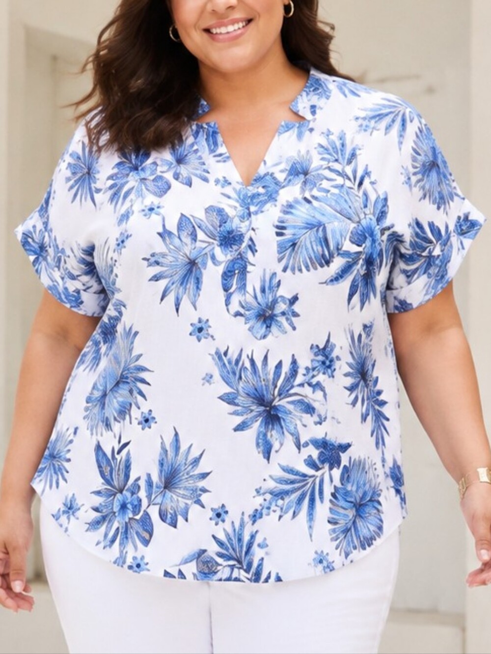 NWT Talbots Painted Palms Linen Popover Top Shore Blue Plus Petite 3X